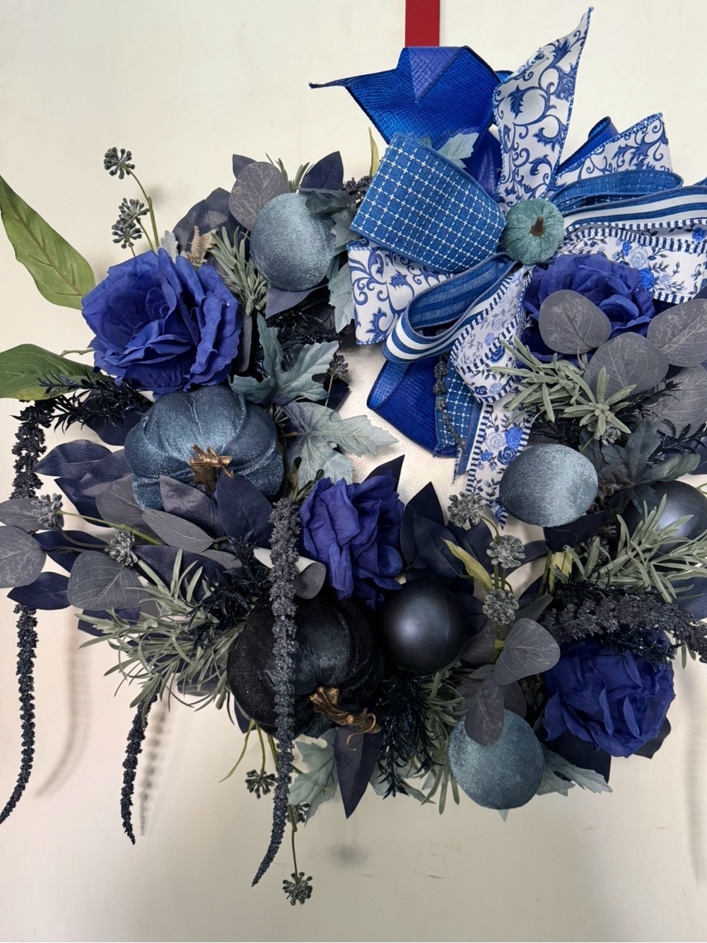 Blue Floral and Velvet Pumpkin Accent Wreath with Ribbon Bow and Amaranthus